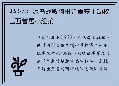 世界杯：冰岛战败阿根廷重获主动权 巴西暂居小组第一