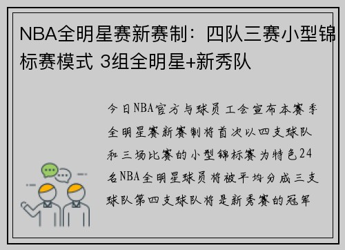 NBA全明星赛新赛制：四队三赛小型锦标赛模式 3组全明星+新秀队